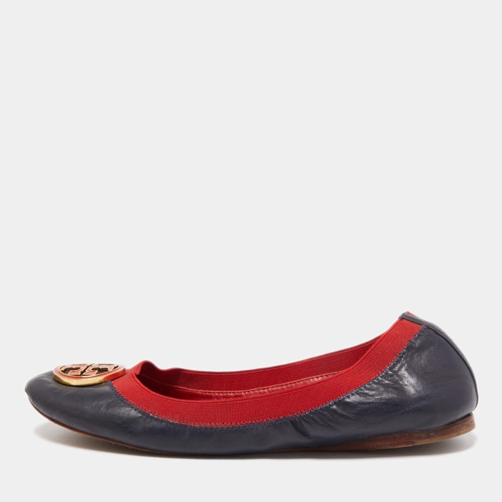 Tory Burch Navy Blue/Red Leather Caroline Scrunch Ballet Flats Size‎ 9.5